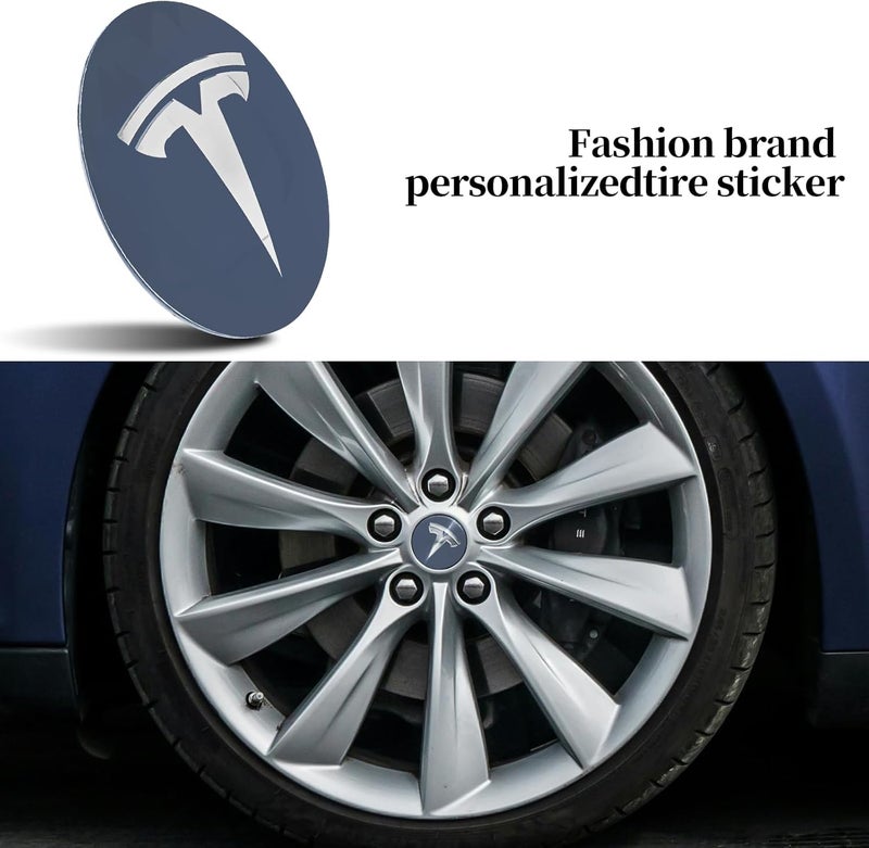 Knomix 4 Pack Aluminum Waterproof Wheel Cover Center Emblem Sticker for Tesla Model 3 Model Y 56mm Hubcaps Wheel Rim Cover (Dusty Blue Background+Silver) - Image 4